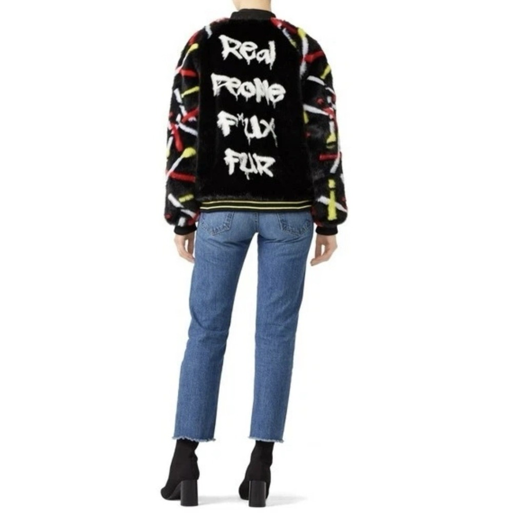 HEUREAH Real People Faux Fur Graphic Bomber Jacket Size Large Multicolor Pockets - Picture 3 of 13